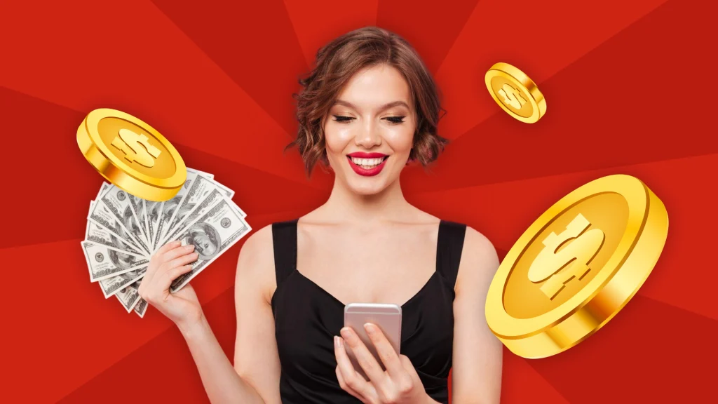 A woman smiles at her phone while holding a fan of cash, and three gold coins hover around her on a red background. 