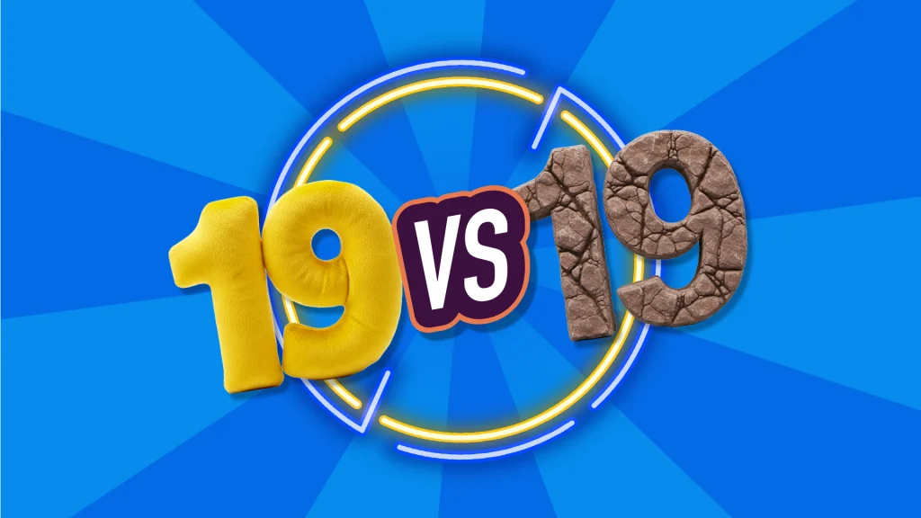 A pillowy 19 vs. a 19 made of rock is in the center of circular neon lights on a blue background. 