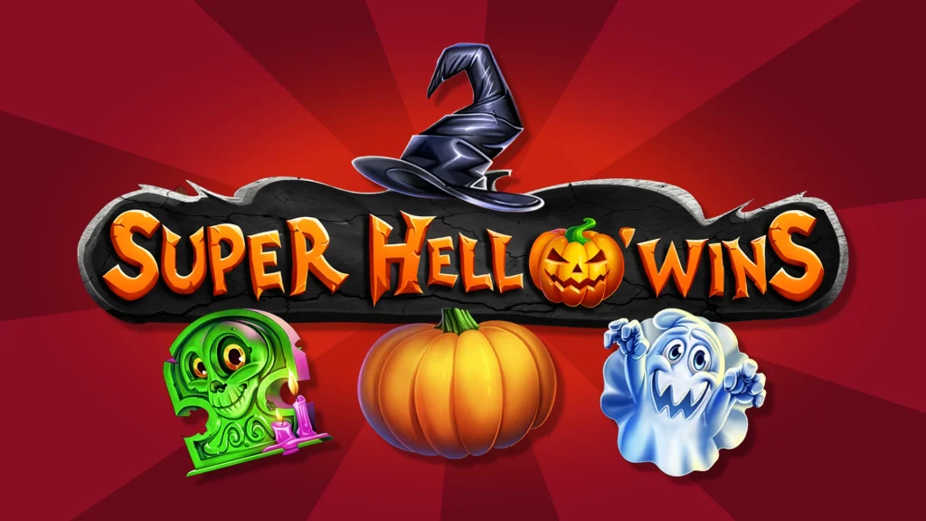 Orange block letters spell out “Super Hell’o Wins,” and a gravestone, pumpkin, ghost, and witch hat are situated around it on a red background. 