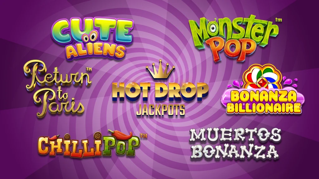 Various colorful slot game names circle a swirly purple background. 