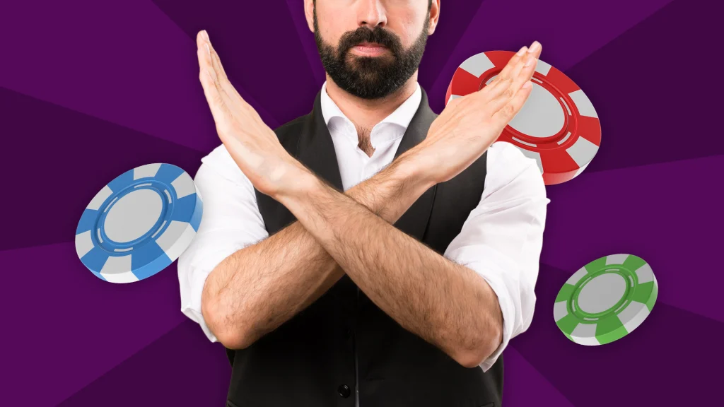 Dealer making an 'X' with arms surrounded by poker chips, representing the risks and downsides of the Martingale system."