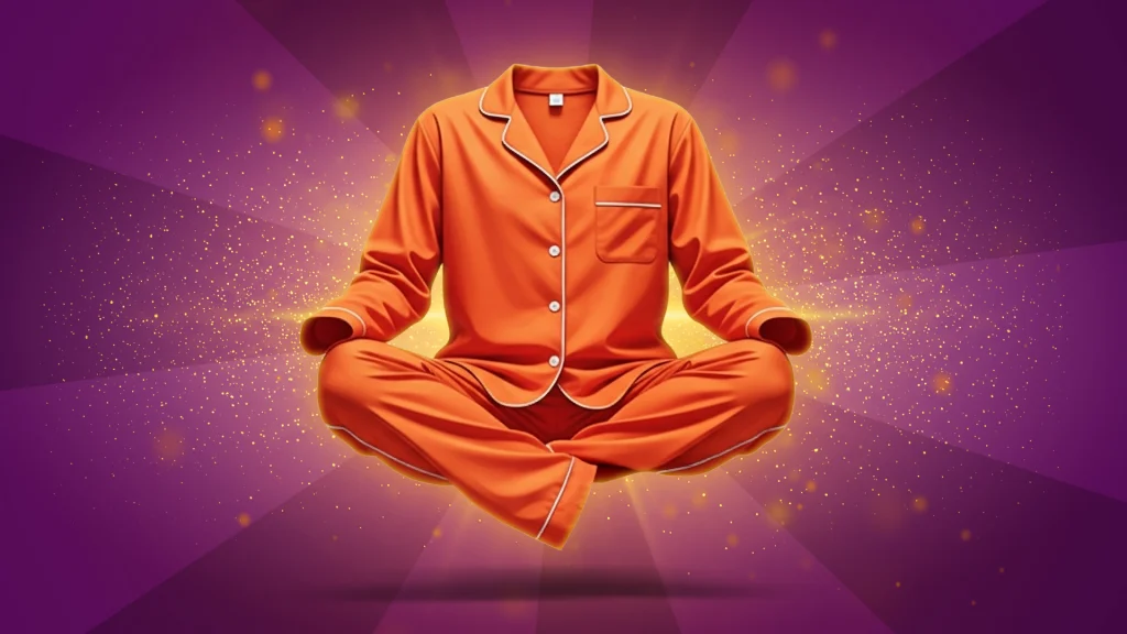 In a purple image, we see an orange pajama set hovering within a mystical spray of sparkly orange stars. 
