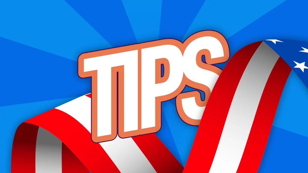 "tips" features on a blue background with an american flag ribbon