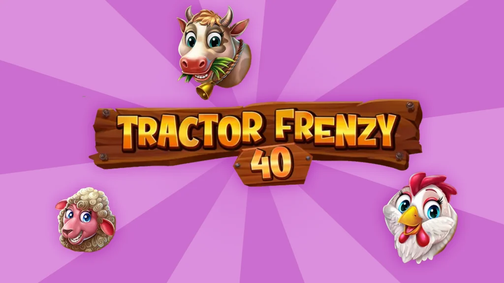 Logo of Tractor Frenzy 40 on a wooden sign with cartoon cow, sheep, and chicken icons around it, set against a vibrant purple background