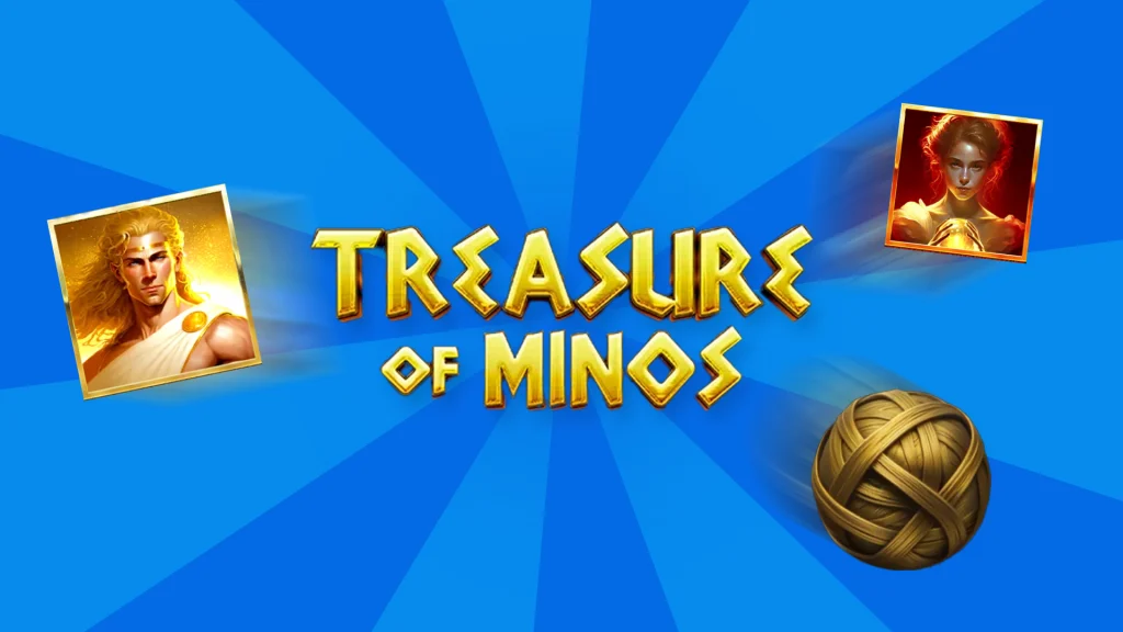 Various Greek gods are displayed on a blue background around weathered gold text that reads, “Treasure of Minos.”