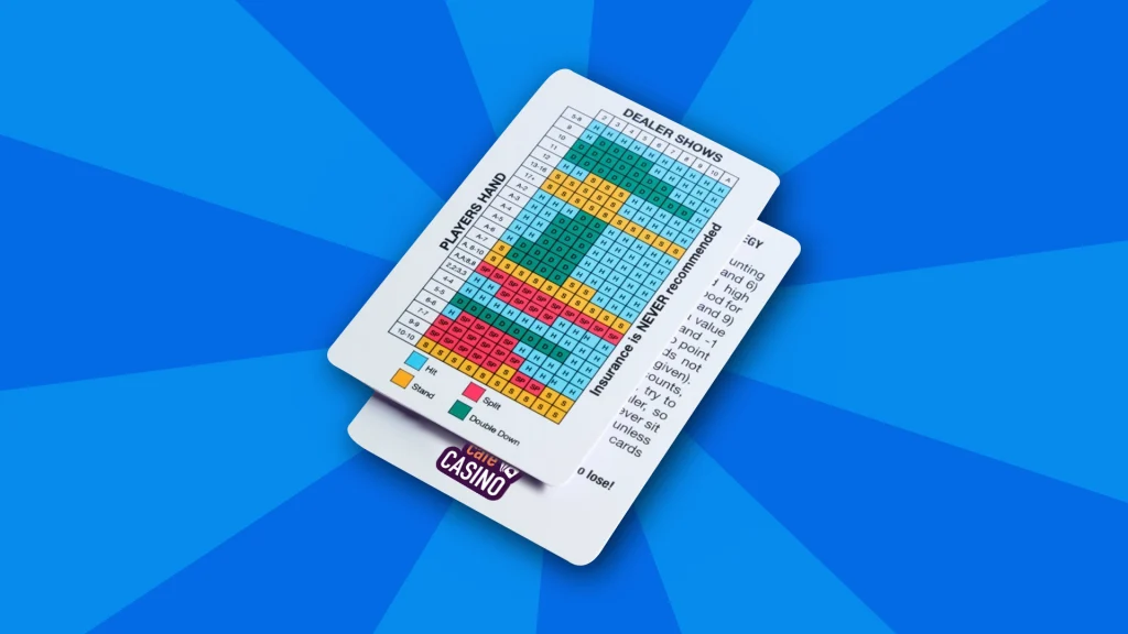 There’s a blue image with a blackjack strategy chart displayed as two cards in the center.