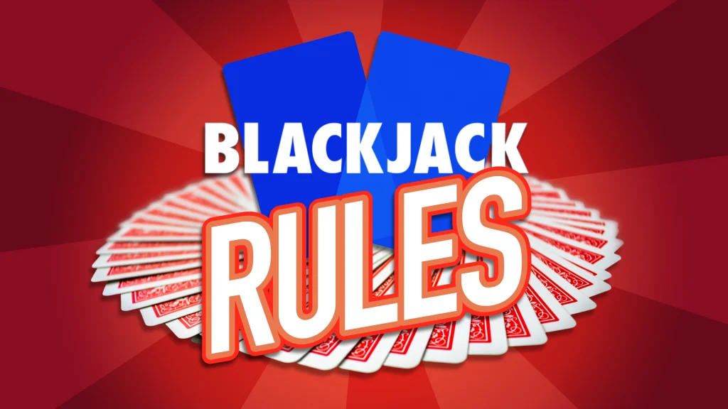 White text reads, “Blackjack rules,” surrounded by playing cards fanned into a circle, and on a red background. 