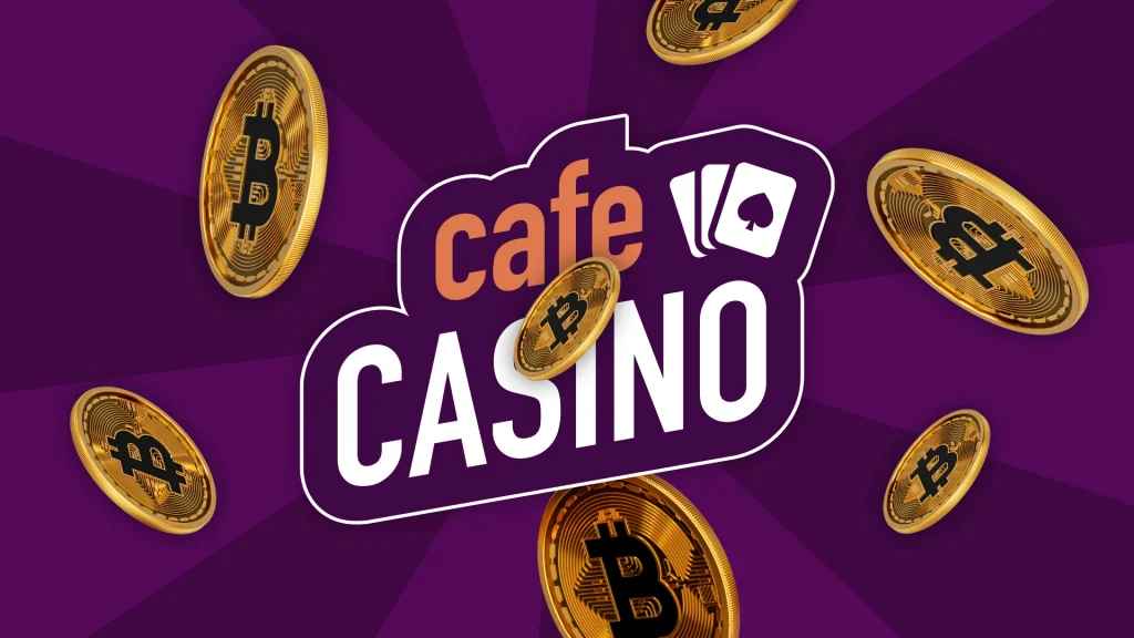 The cafe casino logo is on a purple background with bitcoins surrounding it
