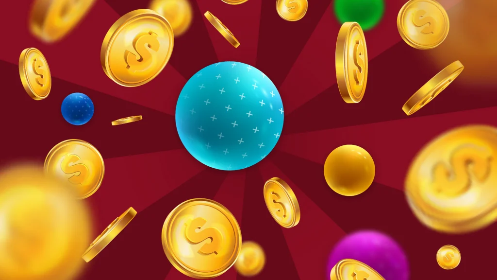 Gold coins and colored plinko balls fall around a light blue ball in the center, and it’s all on a dark red background. 