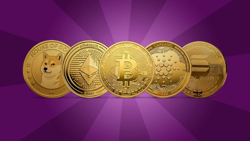 Five gold cryptocurrency coins representing doge, ethereum, bitcoin, cardano, and solana are in a line on a dark purple background.