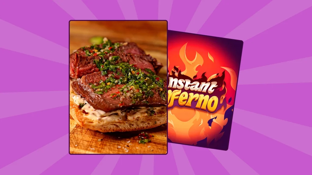 Grilled steak with chimichurri on bread, shown beside Instant Inferno slot graphic.