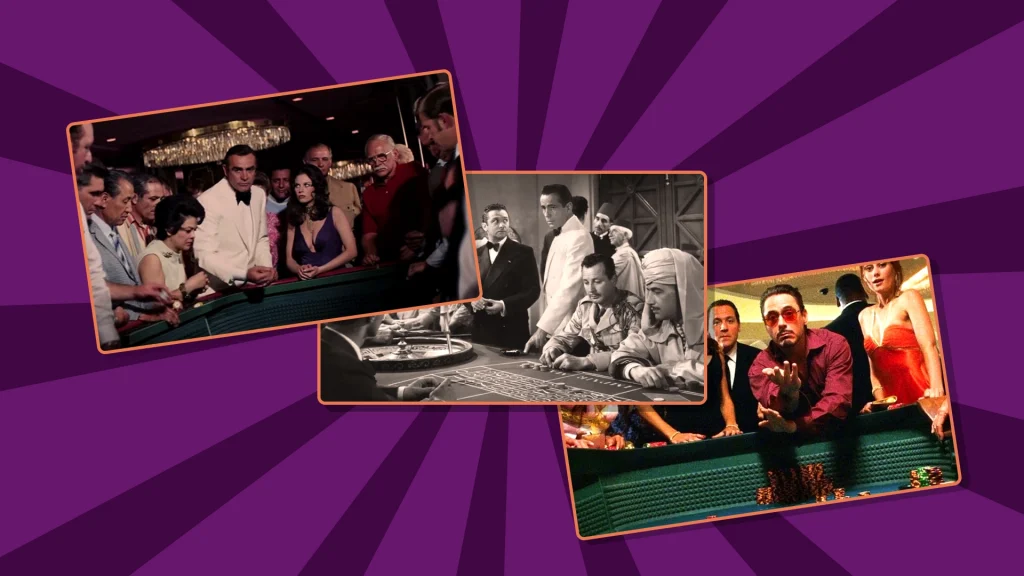 Collage of famous casino movie scenes showing actors playing roulette at crowded tables.