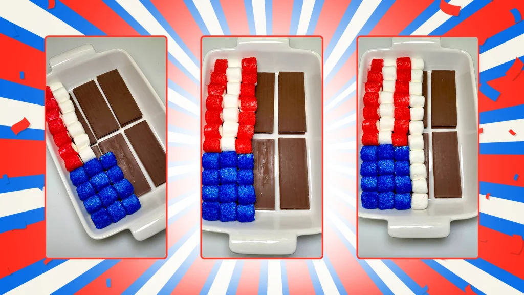 3 images show the process of making the American flag with marshmallows on top of the chocolate