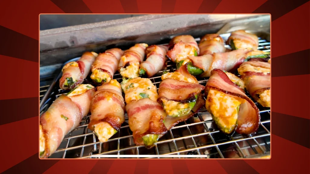 bacon wrapped jalapeno poppers on a tray on a red background
