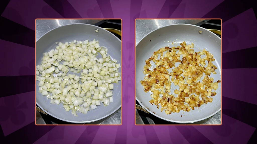 On a pink background, 2 images show the onions before and after cooking