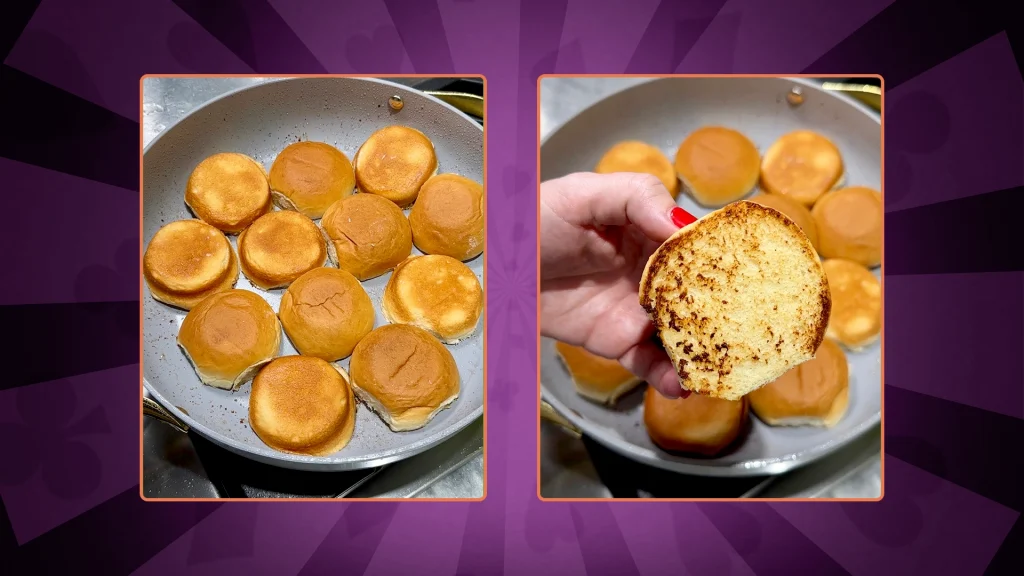 On a pink background, brioche buns are being toasted